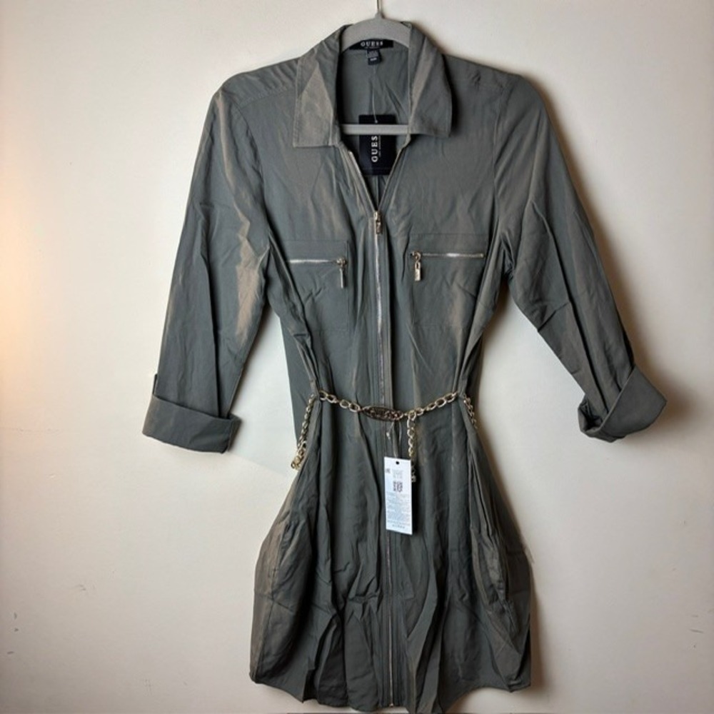 New Womens M Guess Utility Mini Dress Gray Factory Elina Chain Belted Collared